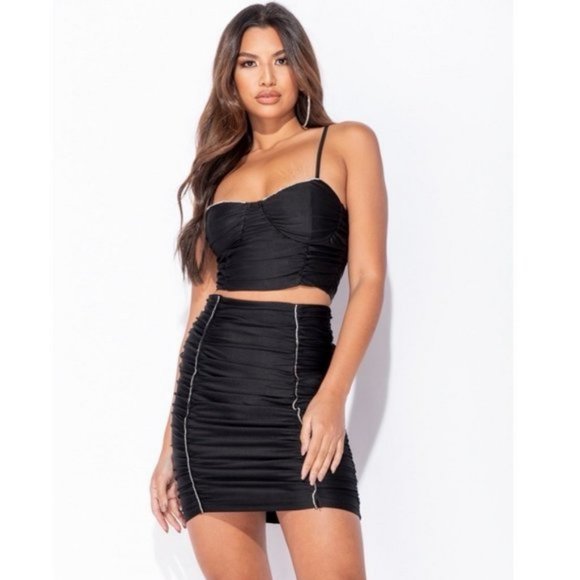 Black Sleeveless Ruched Crop Top and Ruched Bodycon Mini Skirt Two Piece Set - Picture 2 of 7
